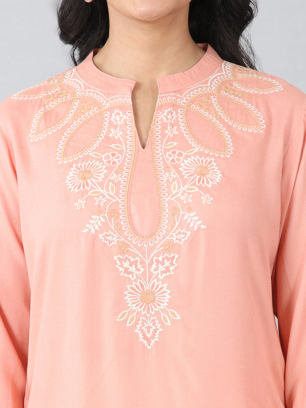 Peach Flat Band Neck Embroidered Rayon Kurti