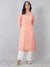 Peach Flat Band Neck Embroidered Rayon Kurti