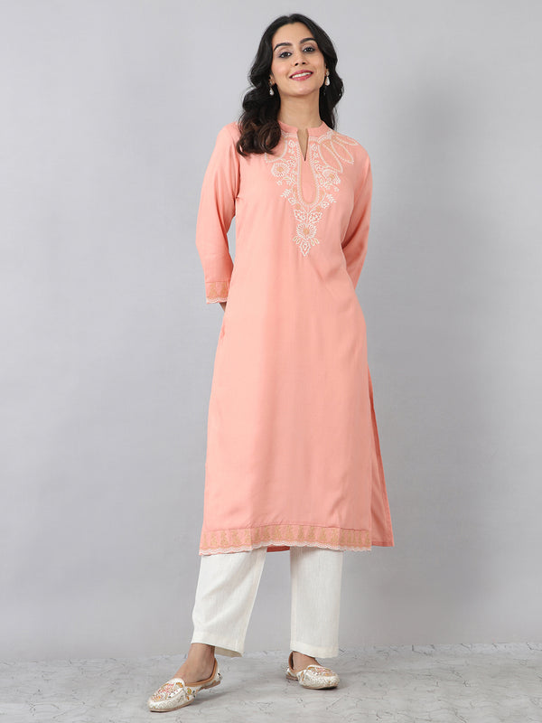 Peach Flat Band Neck Embroidered Rayon Kurti