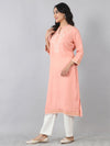 Peach Flat Band Neck Embroidered Rayon Kurti