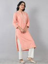 Peach Flat Band Neck Embroidered Rayon Kurti