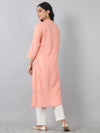 Peach Flat Band Neck Embroidered Rayon Kurti