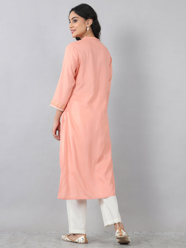 Peach Flat Band Neck Embroidered Rayon Kurti