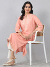 Peach Flat Band Neck Embroidered Rayon Kurti