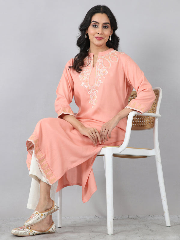 Peach Flat Band Neck Embroidered Rayon Kurti