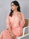 Peach Flat Band Neck Embroidered Rayon Kurti