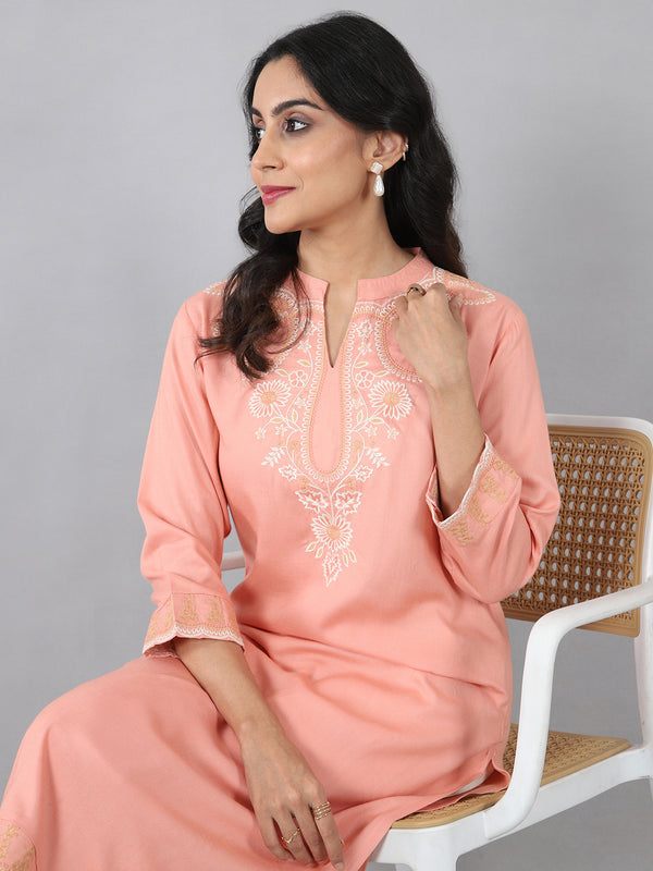 Peach Flat Band Neck Embroidered Rayon Kurti