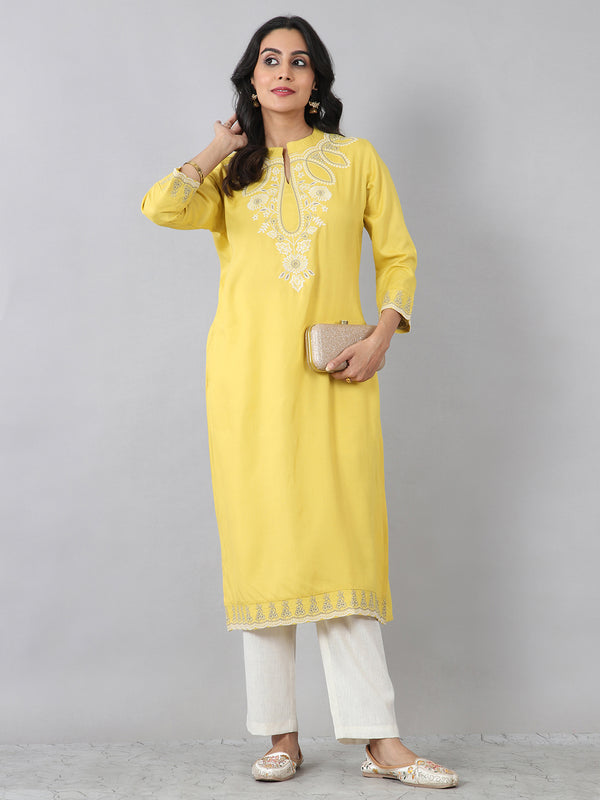 Bright Yellow Embroidered Everyday Rayon Kurti
