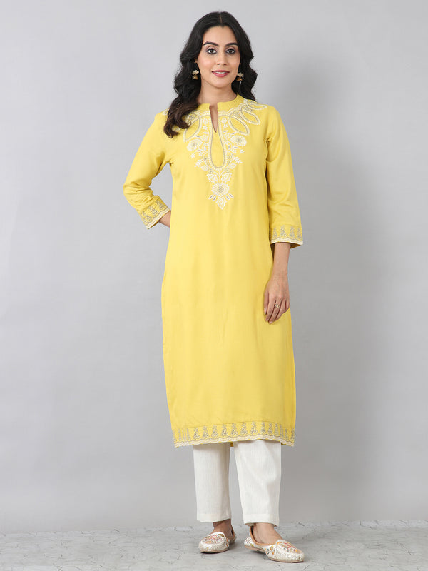 Bright Yellow Embroidered Everyday Rayon Kurti