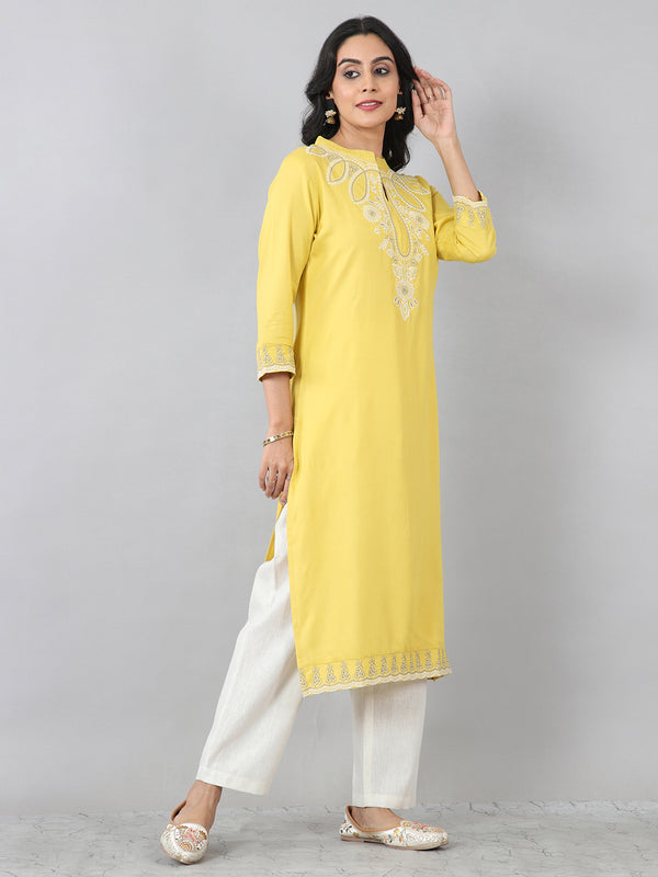 Bright Yellow Embroidered Everyday Rayon Kurti