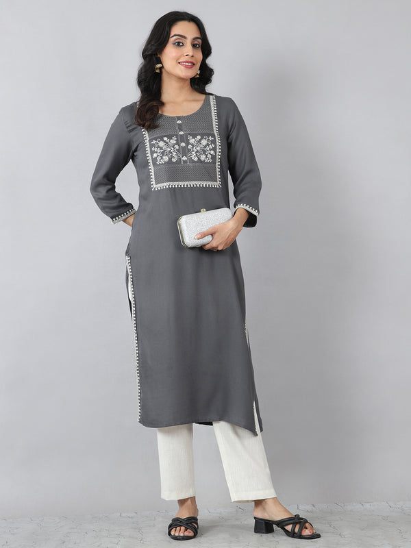 Dark Grey Round Neck Embroidered Rayon Kurti