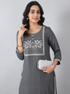 Dark Grey Round Neck Embroidered Rayon Kurti