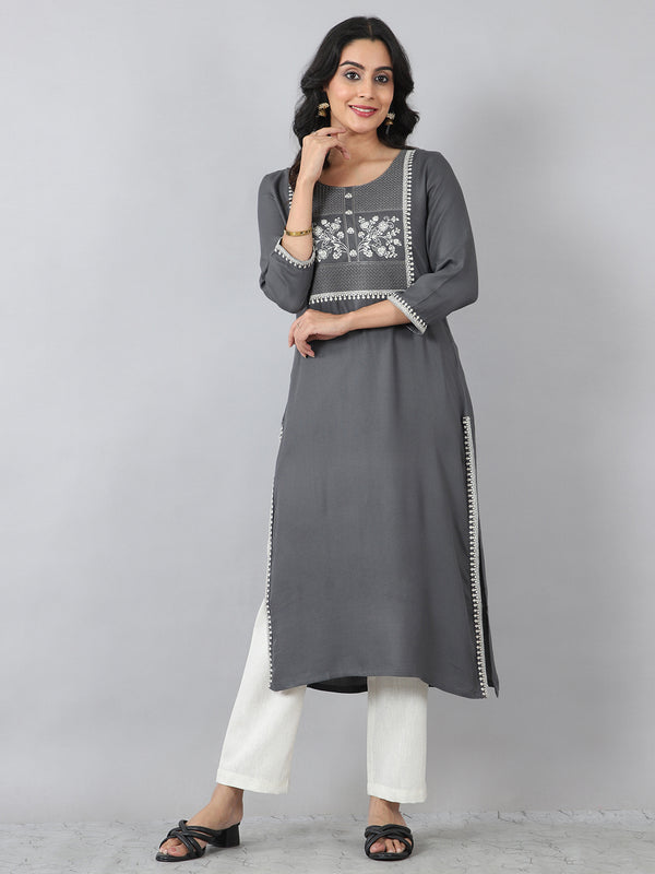 Dark Grey Round Neck Embroidered Rayon Kurti