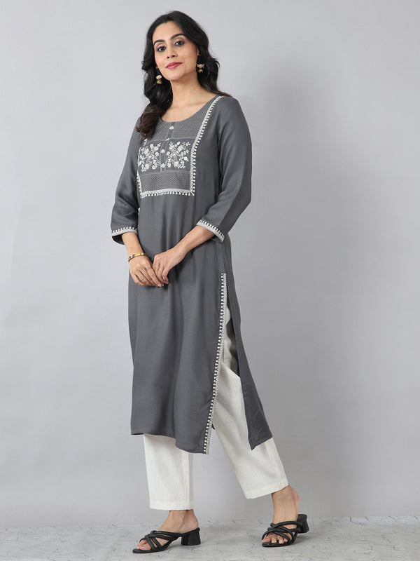 Dark Grey Round Neck Embroidered Rayon Kurti