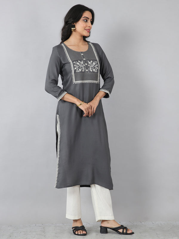 Dark Grey Round Neck Embroidered Rayon Kurti