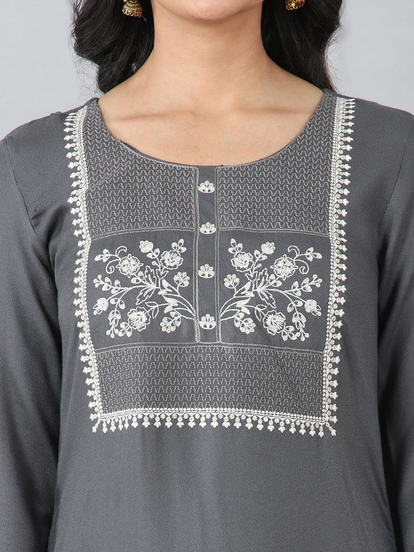 Dark Grey Round Neck Embroidered Rayon Kurti