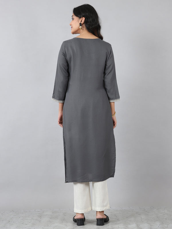Dark Grey Round Neck Embroidered Rayon Kurti