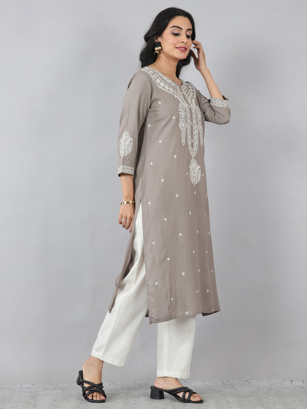 Taupe Grey Thread Embroidered Rayon Kurti