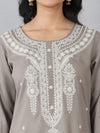 Taupe Grey Thread Embroidered Rayon Kurti