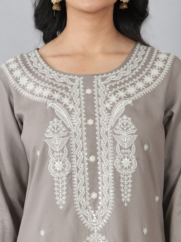 Taupe Grey Thread Embroidered Rayon Kurti