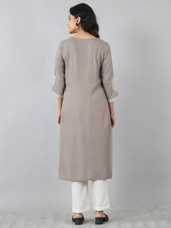 Taupe Grey Thread Embroidered Rayon Kurti