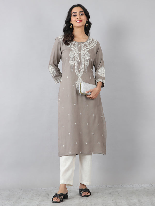 Taupe Grey Thread Embroidered Rayon Kurti