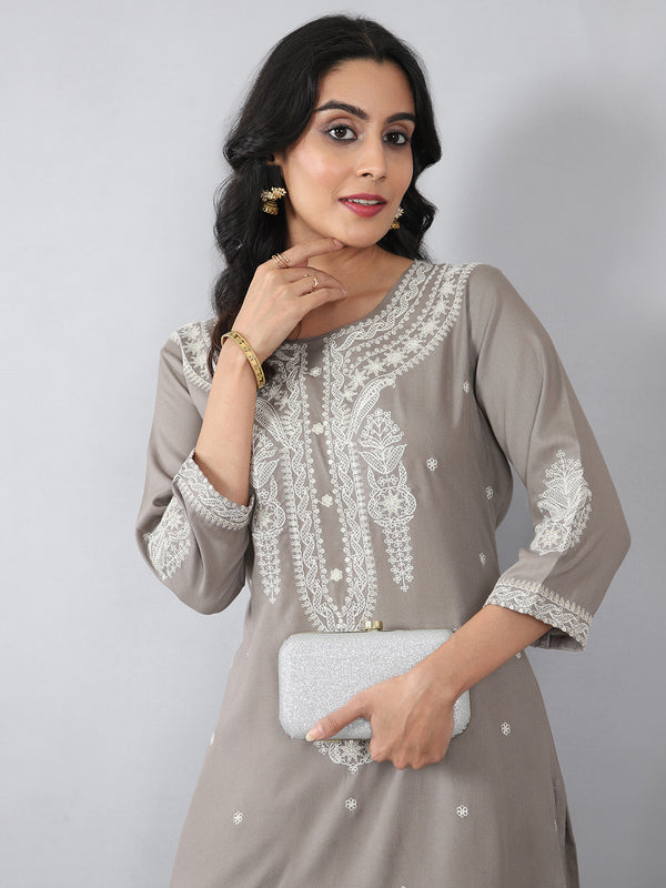 Taupe Grey Thread Embroidered Rayon Kurti