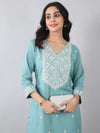 Aqua Blue V-Neck Embroidered Rayon Kurti