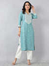 Aqua Blue V-Neck Embroidered Rayon Kurti