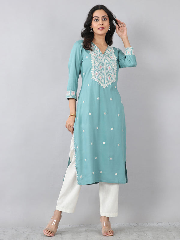 Aqua Blue V-Neck Embroidered Rayon Kurti