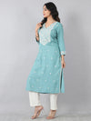Aqua Blue V-Neck Embroidered Rayon Kurti