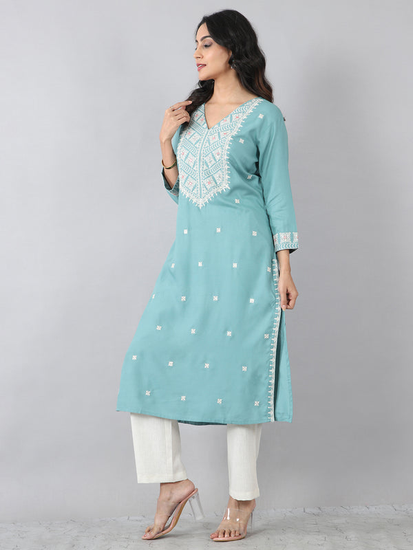 Aqua Blue V-Neck Embroidered Rayon Kurti