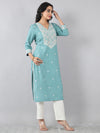 Aqua Blue V-Neck Embroidered Rayon Kurti