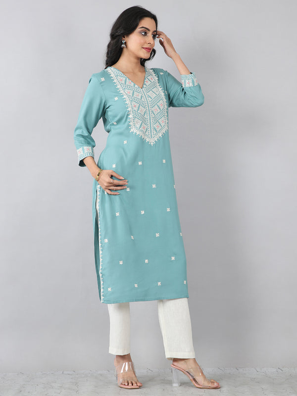 Aqua Blue V-Neck Embroidered Rayon Kurti