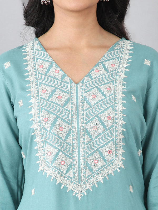 Aqua Blue V-Neck Embroidered Rayon Kurti