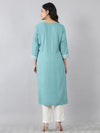 Aqua Blue V-Neck Embroidered Rayon Kurti