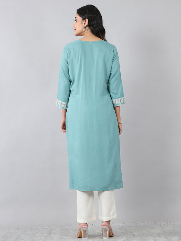 Aqua Blue V-Neck Embroidered Rayon Kurti