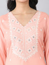 Peach White Thread Embroidered Rayon Kurti