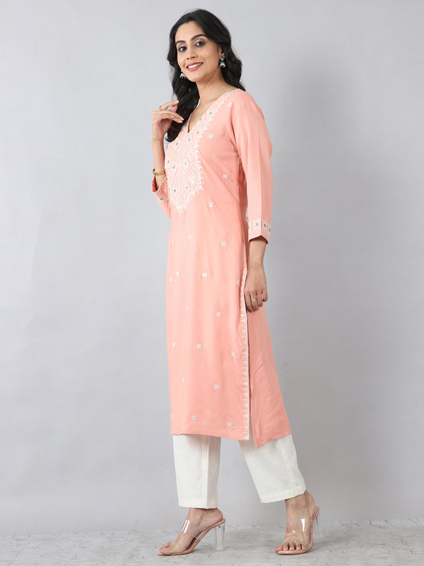 Peach White Thread Embroidered Rayon Kurti