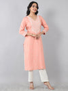 Peach White Thread Embroidered Rayon Kurti