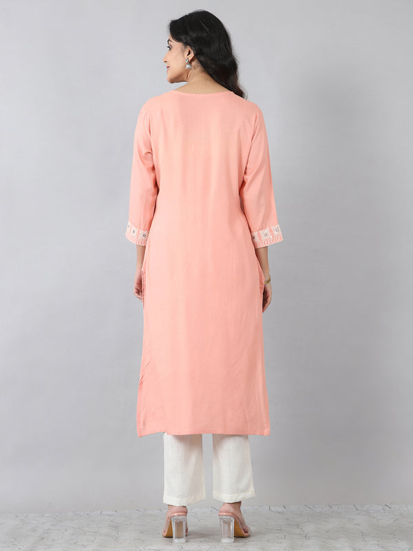 Peach White Thread Embroidered Rayon Kurti