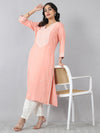 Peach White Thread Embroidered Rayon Kurti