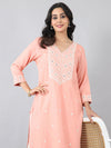 Peach White Thread Embroidered Rayon Kurti