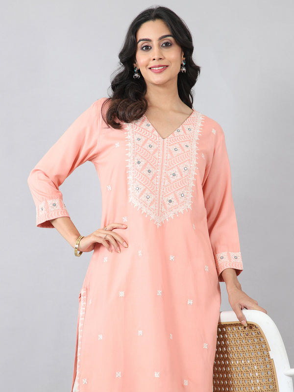 Peach White Thread Embroidered Rayon Kurti