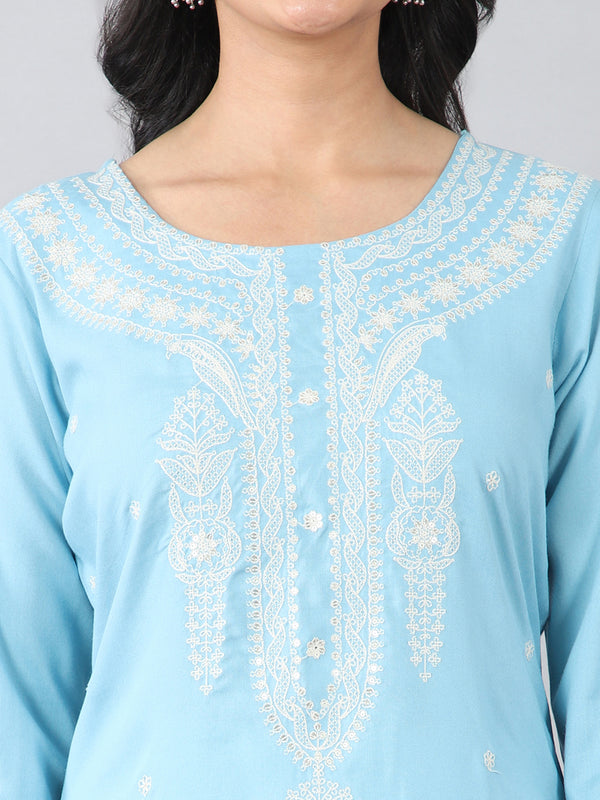 Sky Blue Classic Embroidered Rayon Kurti