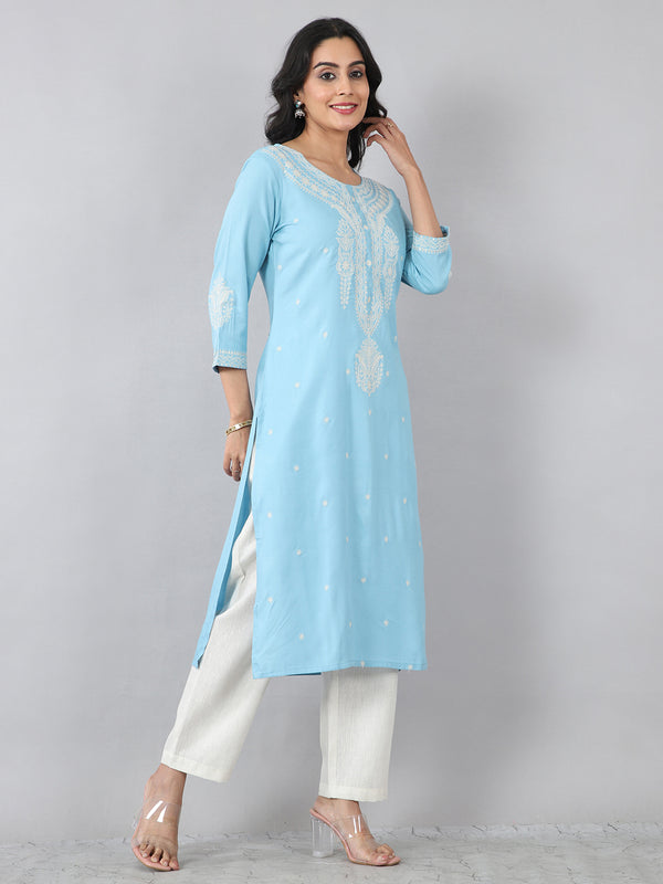 Sky Blue Classic Embroidered Rayon Kurti