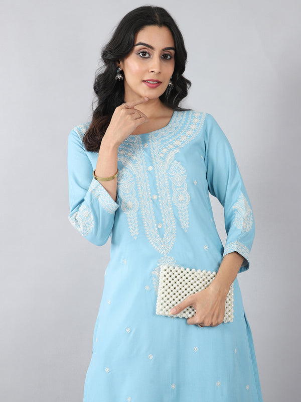 Sky Blue Classic Embroidered Rayon Kurti