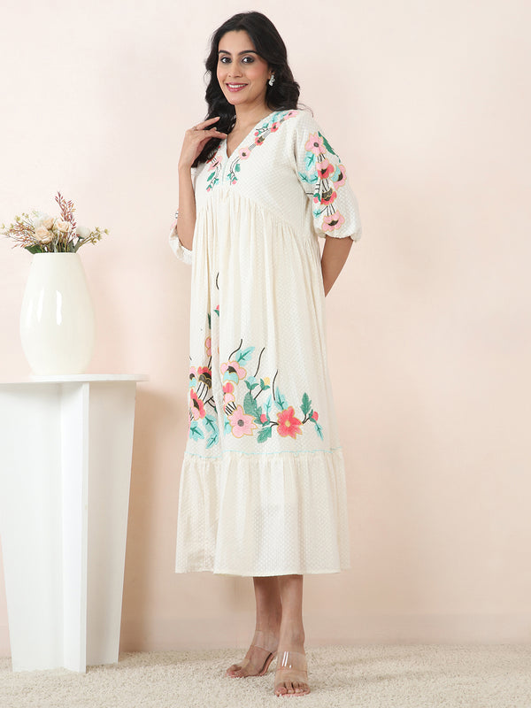 Embroidered Cotton Dobby Midi Dress