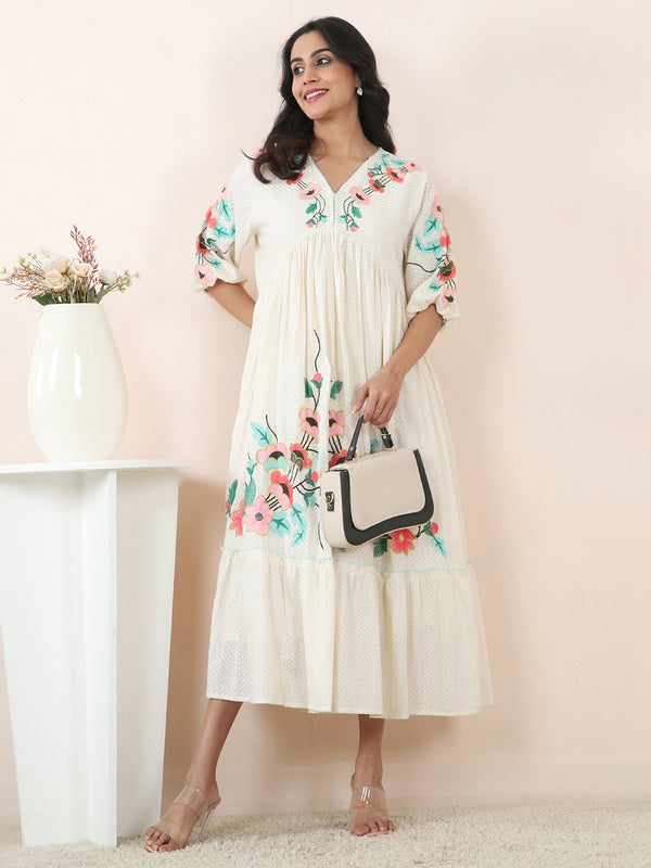 Embroidered Cotton Dobby Midi Dress