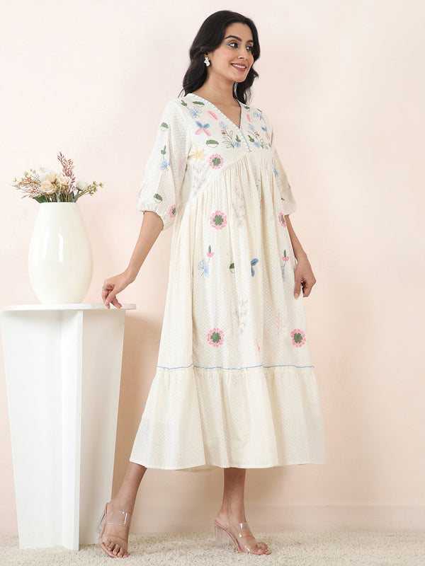 Ivory Garden Embroidered Cotton Dobby Midi Dress